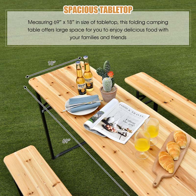 3 Pcs Folding Picnic Table Bench Set, 70" Portable Beer Table with Seating Set, Wooden Top Outdoor Dining Table Set
