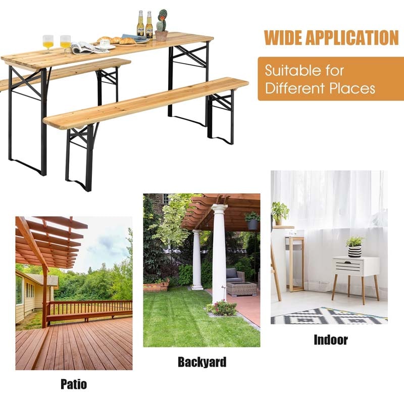 3 Pcs Folding Picnic Table Bench Set, 70" Portable Beer Table with Seating Set, Wooden Top Outdoor Dining Table Set