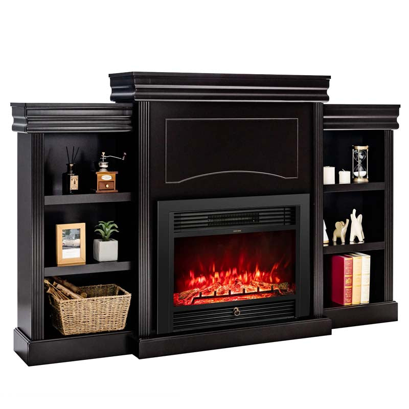 70" Mantel Fireplace TV Stand with 28.5" 750W/1500W Electric Fireplace Insert, Modern Media Fireplace Cabinet Built-in 6 Storage Shelves