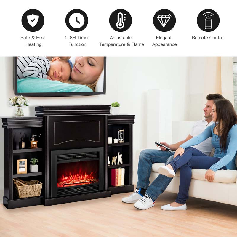 70" Mantel Fireplace TV Stand with 28.5" 750W/1500W Electric Fireplace Insert, Modern Media Fireplace Cabinet Built-in 6 Storage Shelves