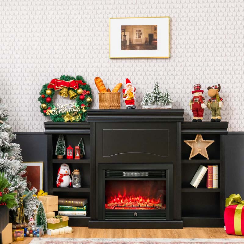 70" Mantel Fireplace TV Stand with 28.5" 750W/1500W Electric Fireplace Insert, Modern Media Fireplace Cabinet Built-in 6 Storage Shelves