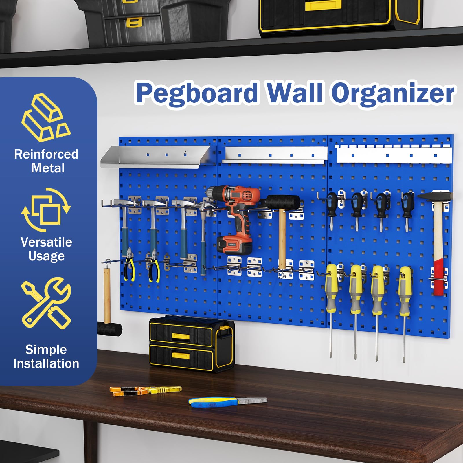 3 Pcs Metal Pegboard Panels w/25 Hooks, Storage Platform & Square Hole, Heavy Duty Pegboard Wall Organizer, Peg Board for Workshop Tool Storage