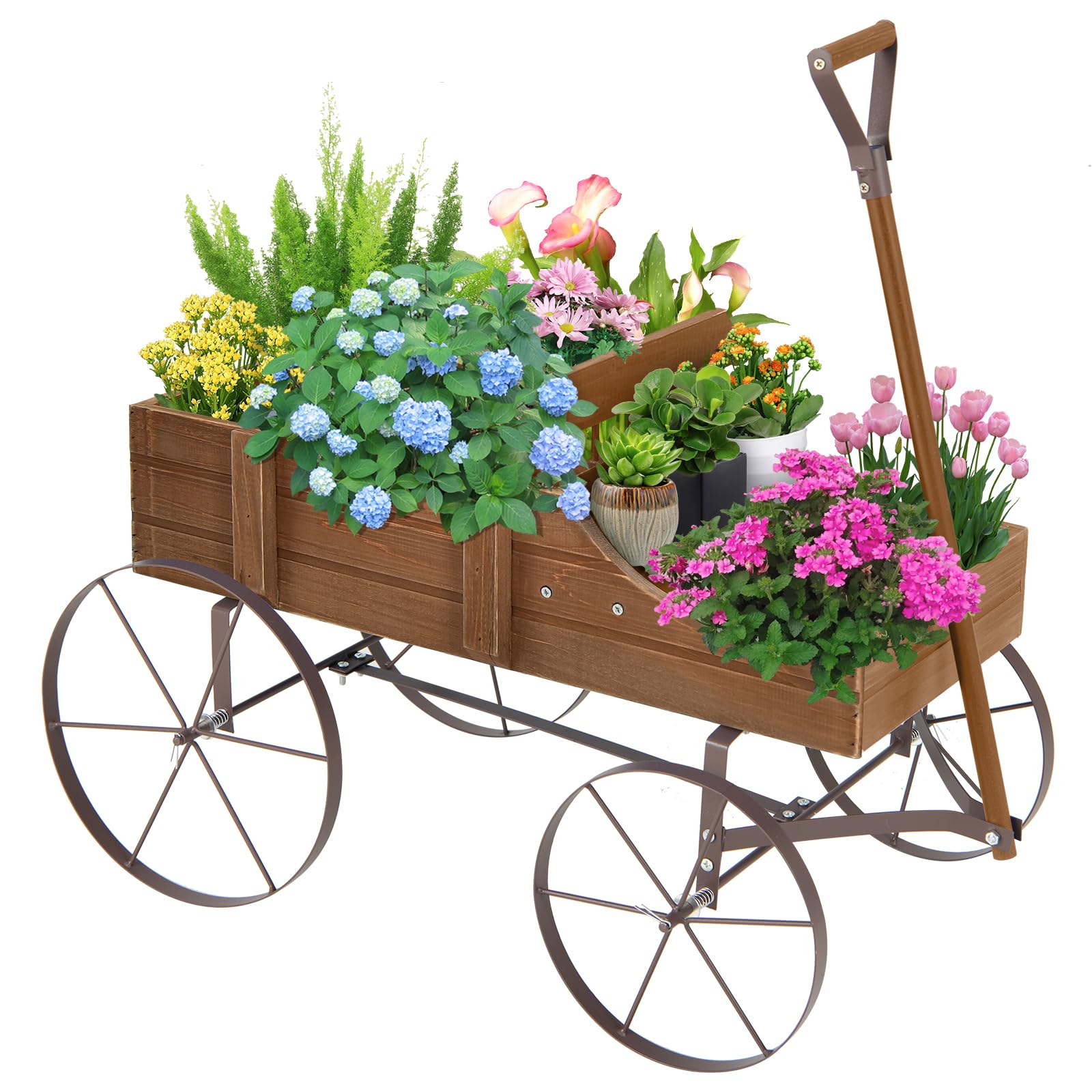 24.5" x 13.5" x 24" Wooden Wagon Planter, Decorative Garden Planter with 2 Planting Sections, Wheels, Handle, Small Decorated Cart