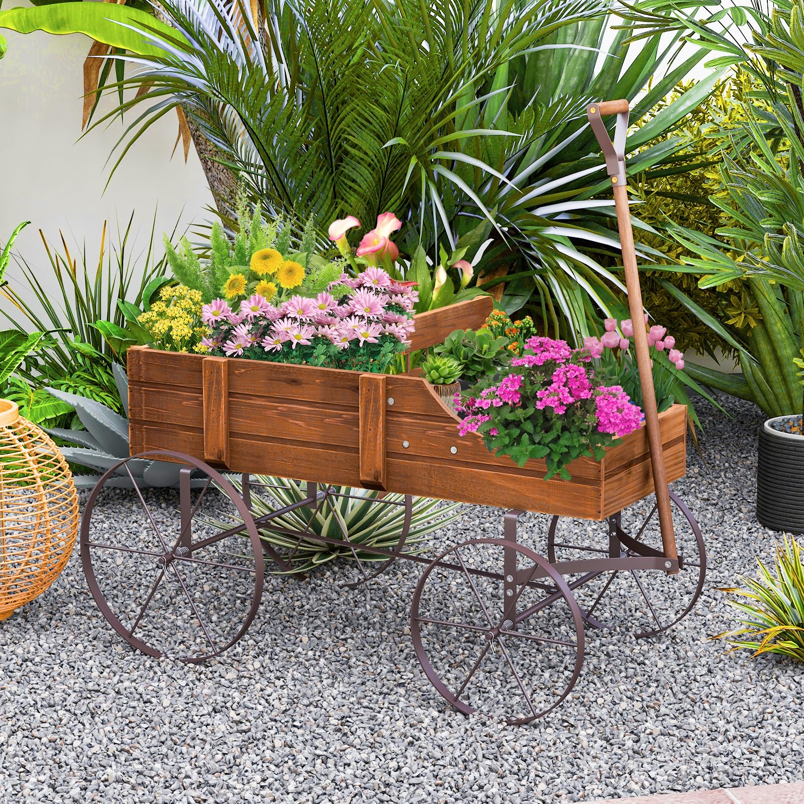 24.5" x 13.5" x 24" Wooden Wagon Planter, Decorative Garden Planter with 2 Planting Sections, Wheels, Handle, Small Decorated Cart