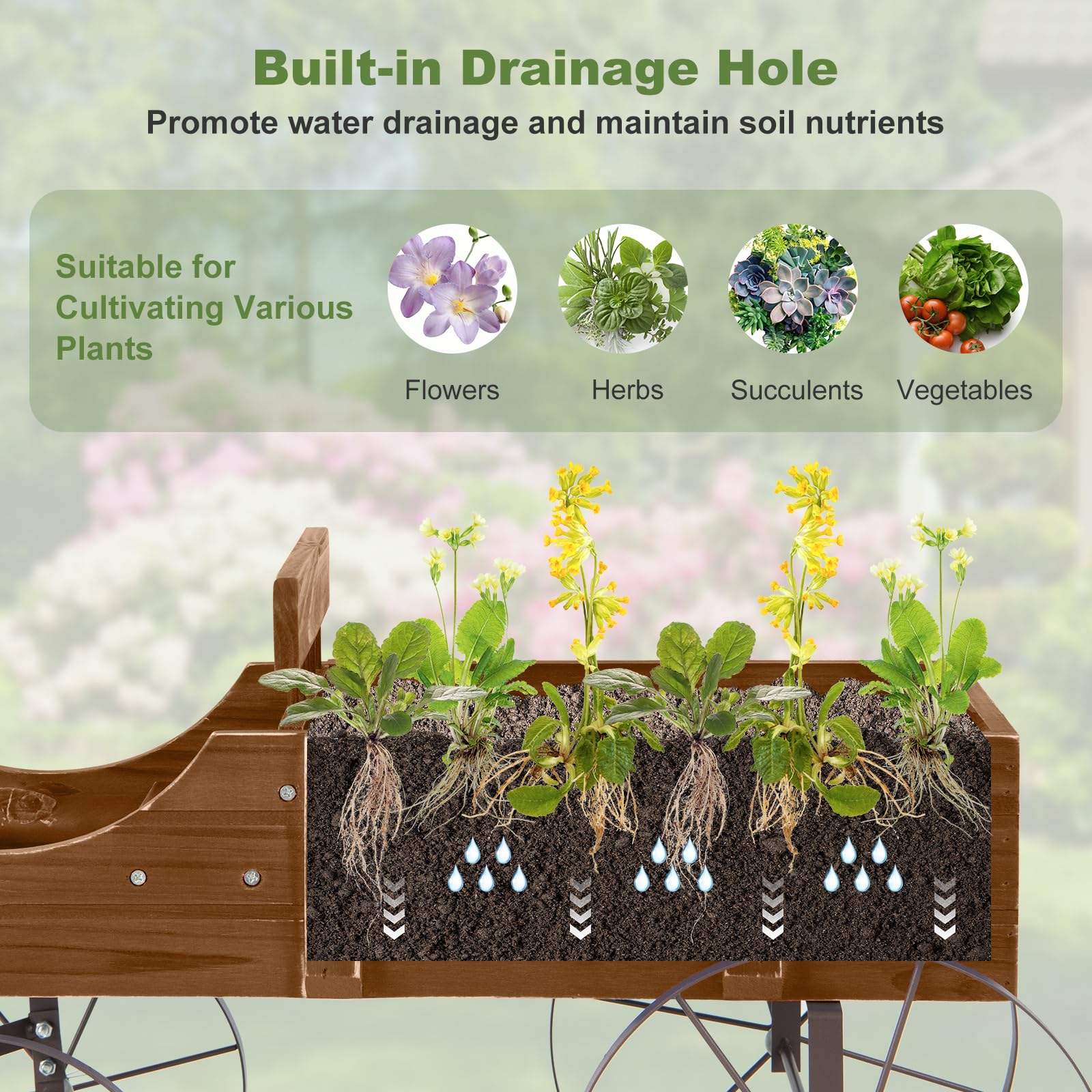 24.5" x 13.5" x 24" Wooden Wagon Planter, Decorative Garden Planter with 2 Planting Sections, Wheels, Handle, Small Decorated Cart