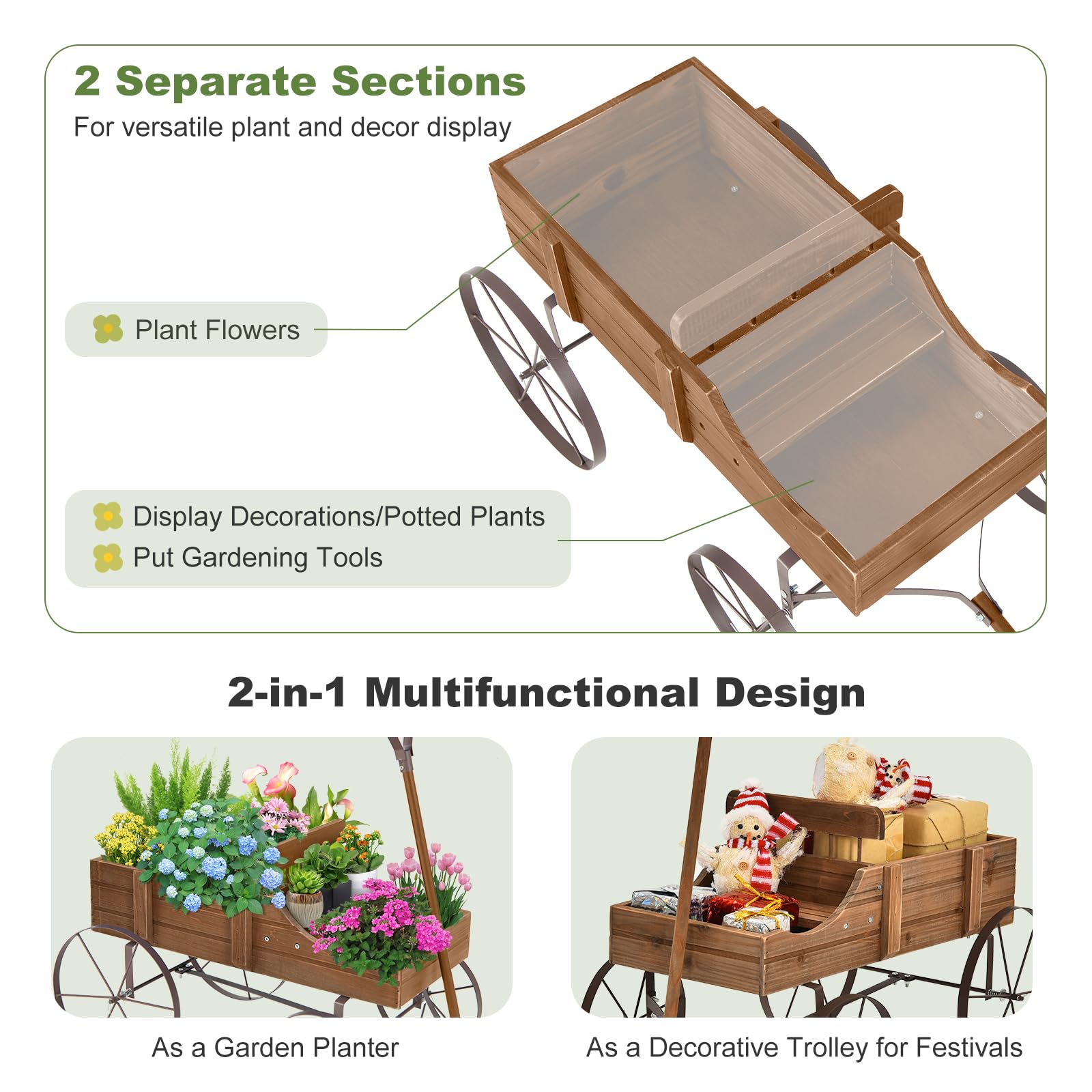 24.5" x 13.5" x 24" Wooden Wagon Planter, Decorative Garden Planter with 2 Planting Sections, Wheels, Handle, Small Decorated Cart