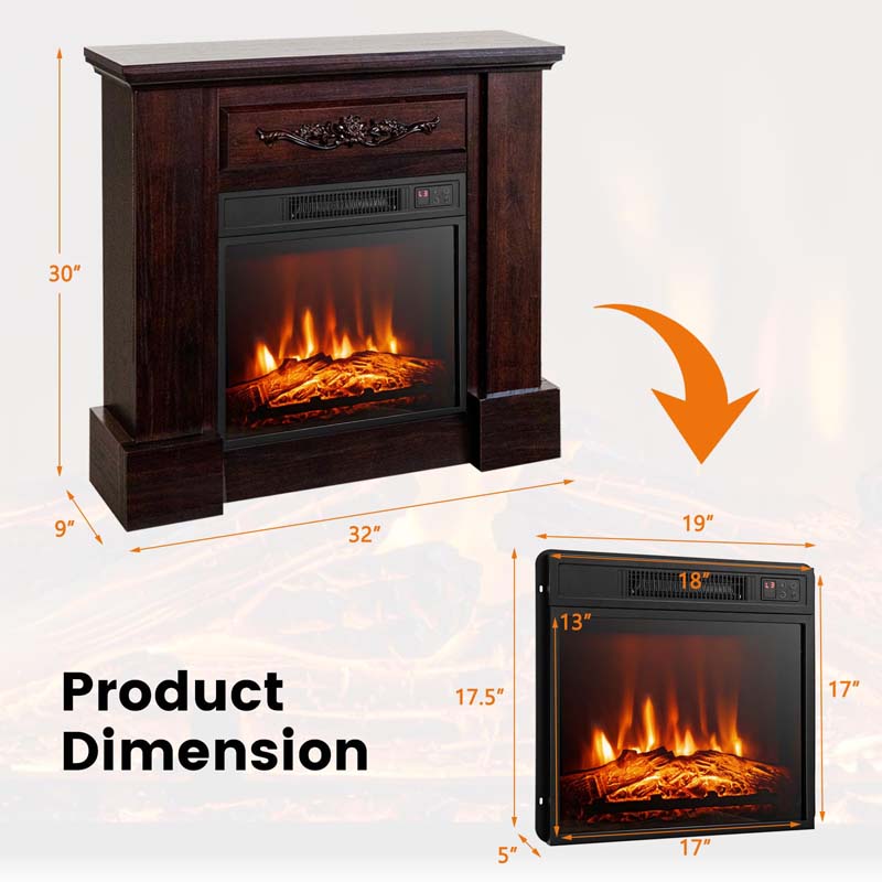 32" Solid Electric Fireplace with Mantel, 1400W Freestanding Mantel Fireplace Heater with Remote Control, Thermostat, 6H Timer
