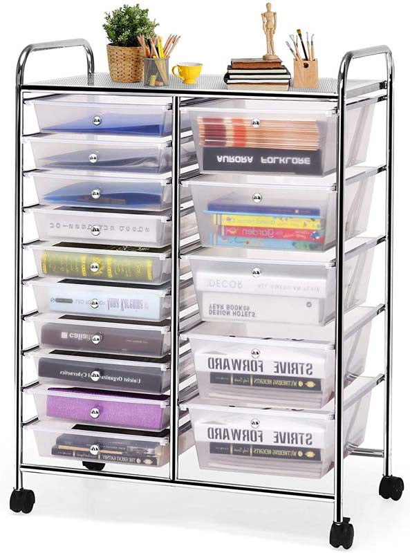15-Drawer Storage Drawer Cart Tools Scrapbook Paper Organizer Cart Office School Utility Cart Rolling Storage Cart with Wheels