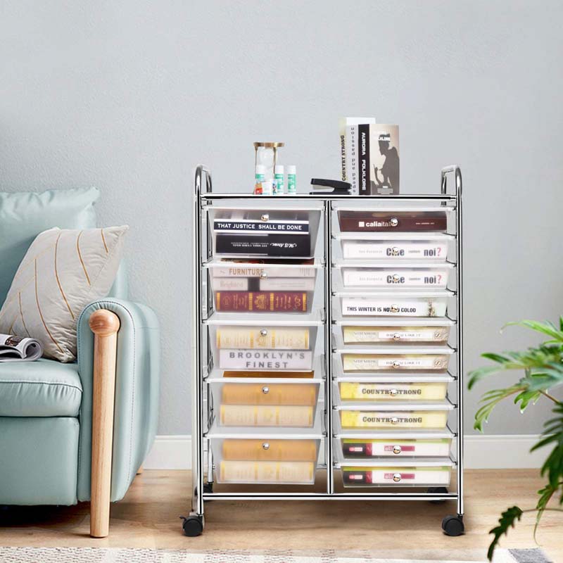 15-Drawer Storage Drawer Cart Tools Scrapbook Paper Organizer Cart Office School Utility Cart Rolling Storage Cart with Wheels