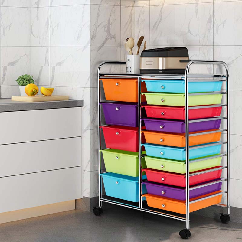 15-Drawer Storage Drawer Cart Tools Scrapbook Paper Organizer Cart Office School Utility Cart Rolling Storage Cart with Wheels