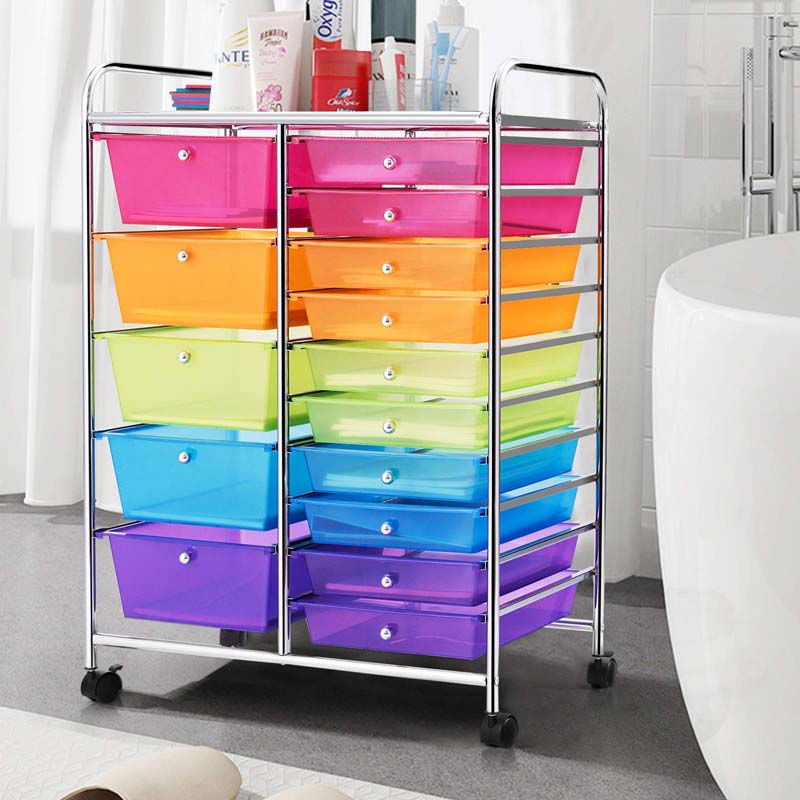 15-Drawer Storage Drawer Cart Tools Scrapbook Paper Organizer Cart Office School Utility Cart Rolling Storage Cart with Wheels