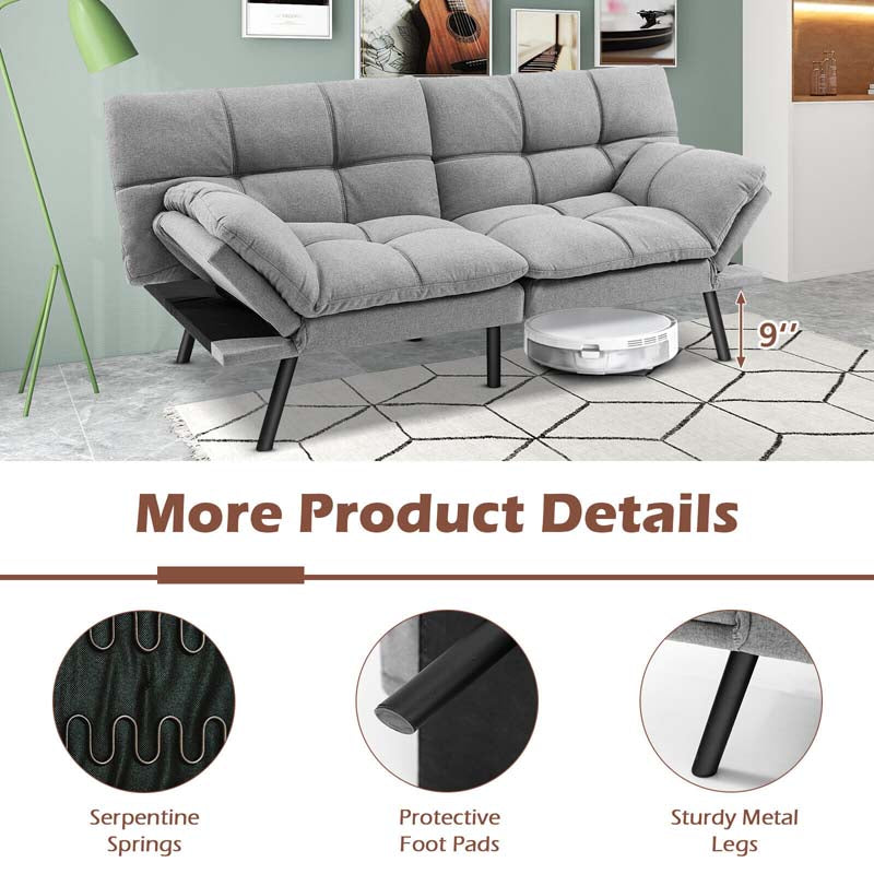Modern Futon Sofa Bed, Linen Fabric Memory Foam Convertible Futon Couch with Adjustable Backrest & Armrests, Metal Legs