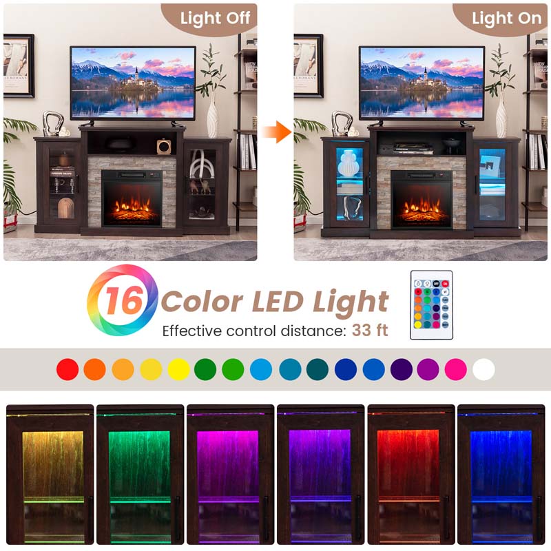 Fireplace TV Stand with 16 Color LED Lights for TVs up to 65", TV Console Entertainment Center with 18" Electric Fireplace Insert