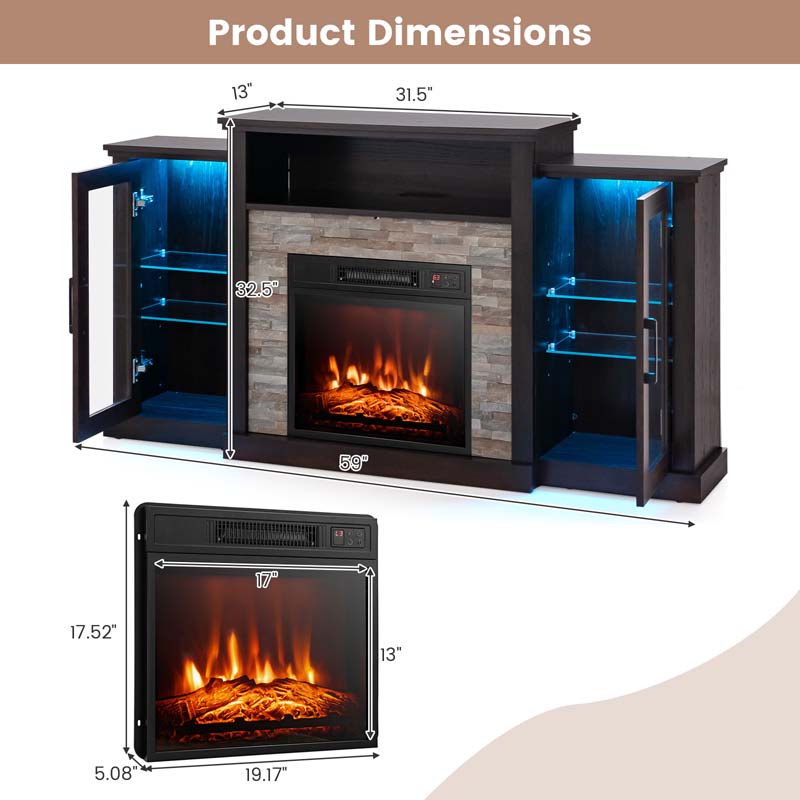 Fireplace TV Stand with 16 Color LED Lights for TVs up to 65", TV Console Entertainment Center with 18" Electric Fireplace Insert