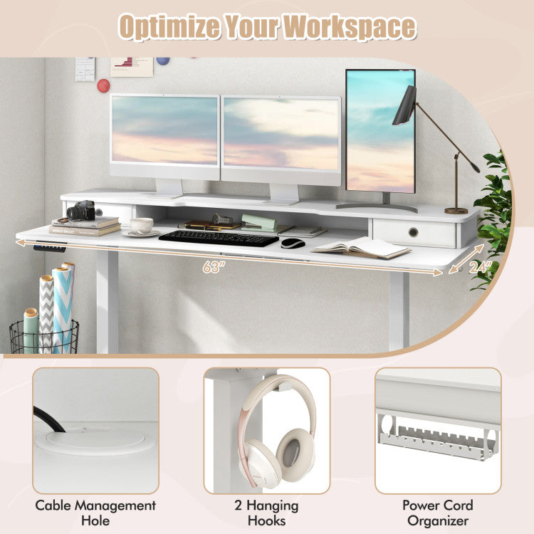 Electric Standing Desk with 2 Drawers, 3 Memory Positions, 63" x 24" Height Adjustable Electric Sit Stand Desk for Home Office Bedroom