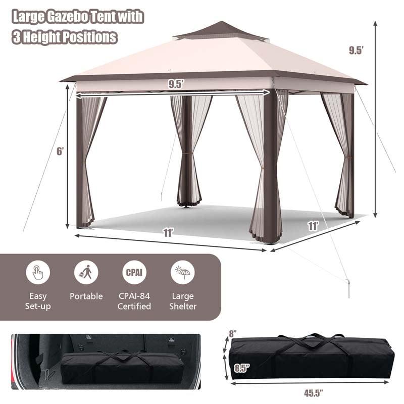 11 x 11 FT 2-Tier Pop-Up Gazebo Tent Portable Outdoor Canopy Shelter with Netting & Carry Bag