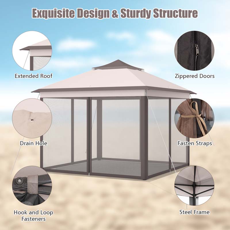 11 x 11 FT 2-Tier Pop-Up Gazebo Tent Portable Outdoor Canopy Shelter with Netting & Carry Bag