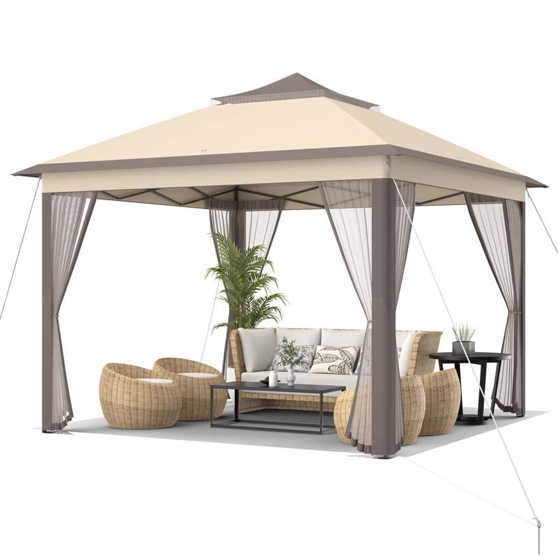11 x 11 FT 2-Tier Pop-Up Gazebo Tent Portable Outdoor Canopy Shelter with Netting & Carry Bag