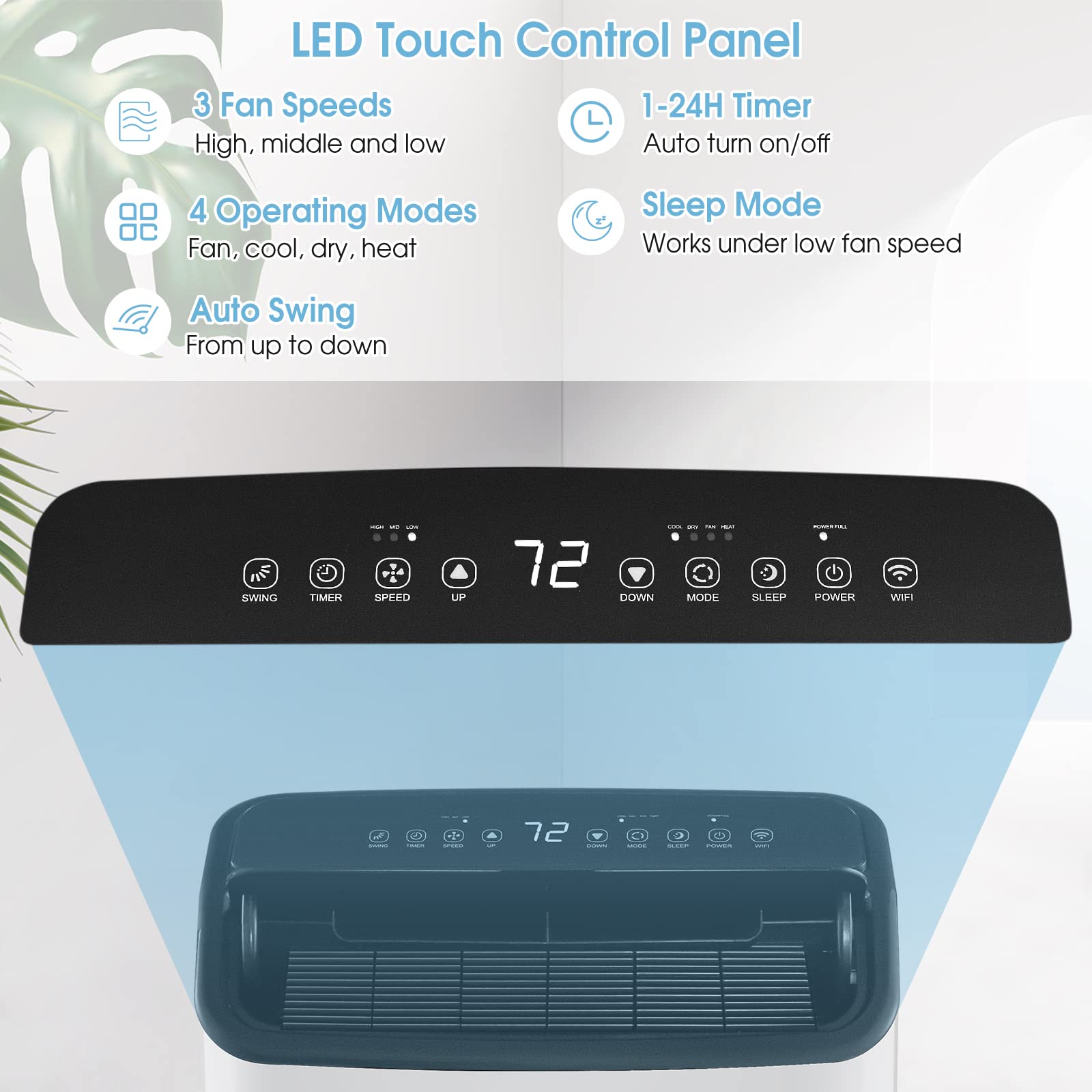 15000 BTU 4-in-1 Portable Air Conditioner with Heat, Auto Swing, Dehumidifier, Remote/APP Control & Window Kit