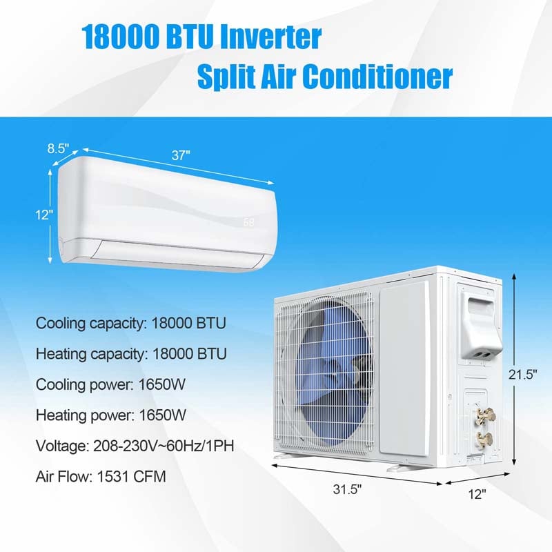 18000BTU Ductless Mini Split Air Conditioner 208-230V 19 SEER2 Wall-Mounted Inverter AC Unit with Heat Pump