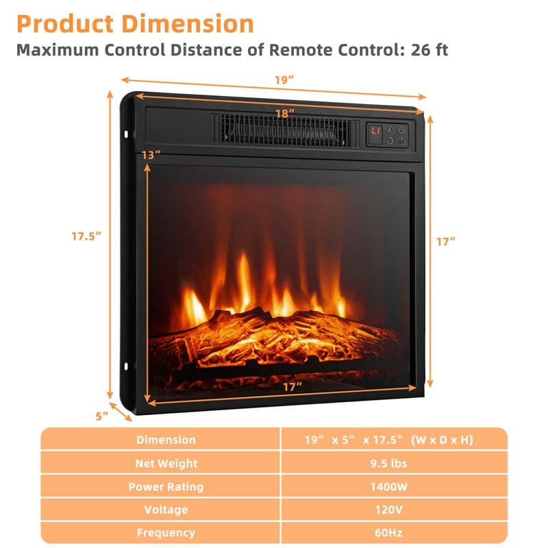 18" Electric Fireplace Insert, 1400W Freestanding & Wall-Mounted Fireplace Heater with Adjustable LED Flame