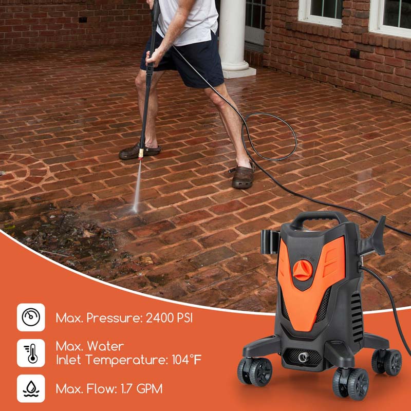 2400 PSI 1.7 GPM Portable Electric High-Pressure Power Washer w/4 Quick Nozzles & Universal Wheels, IPX5 Floor Car Wash Cleaning Machine