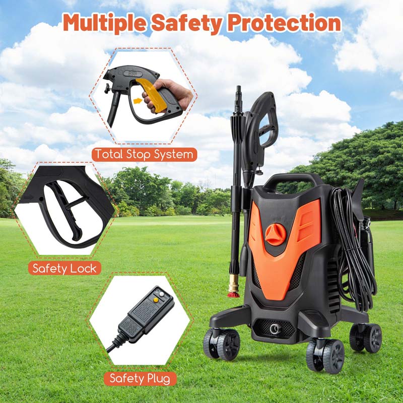 2400 PSI 1.7 GPM Portable Electric High-Pressure Power Washer w/4 Quick Nozzles & Universal Wheels, IPX5 Floor Car Wash Cleaning Machine