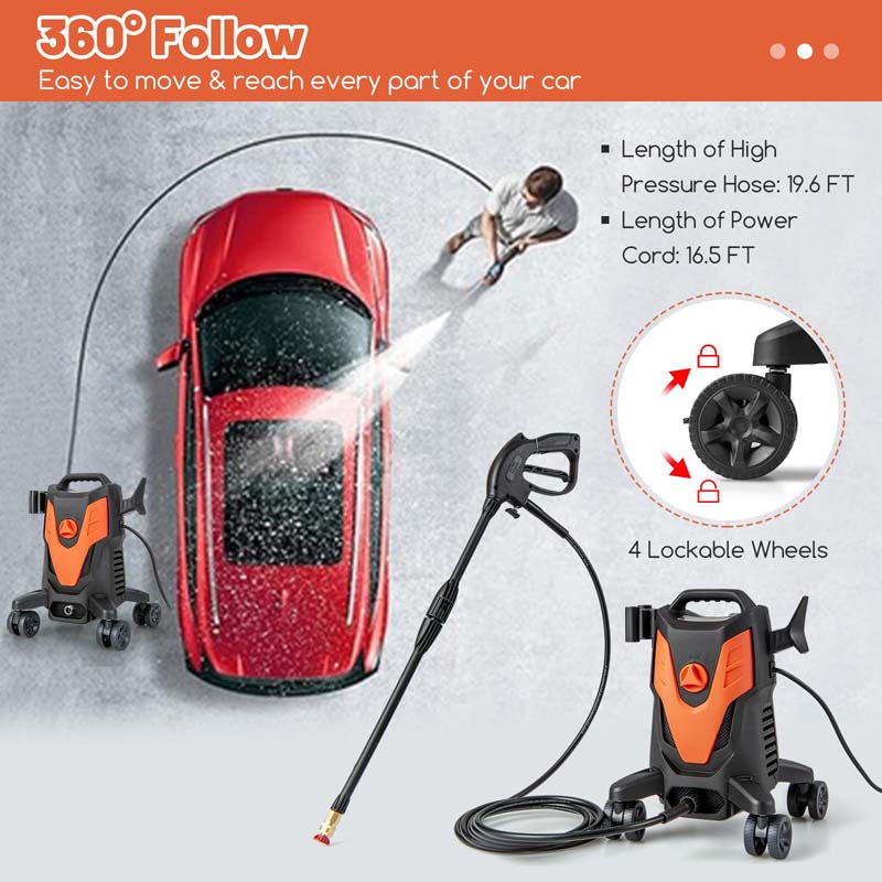2400 PSI 1.7 GPM Portable Electric High-Pressure Power Washer w/4 Quick Nozzles & Universal Wheels, IPX5 Floor Car Wash Cleaning Machine