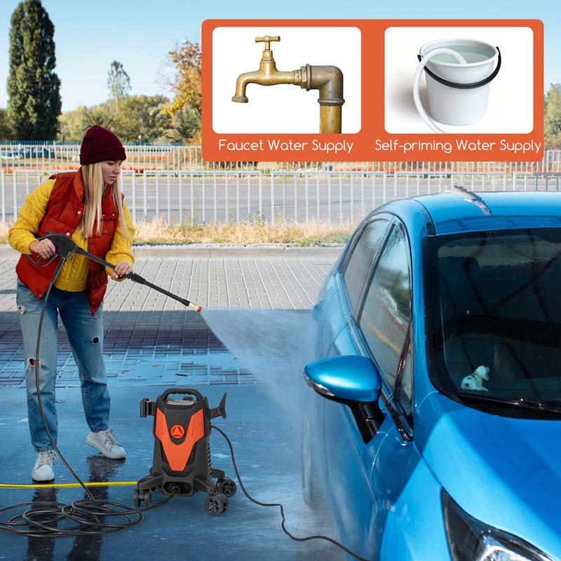 2400 PSI 1.7 GPM Portable Electric High-Pressure Power Washer w/4 Quick Nozzles & Universal Wheels, IPX5 Floor Car Wash Cleaning Machine
