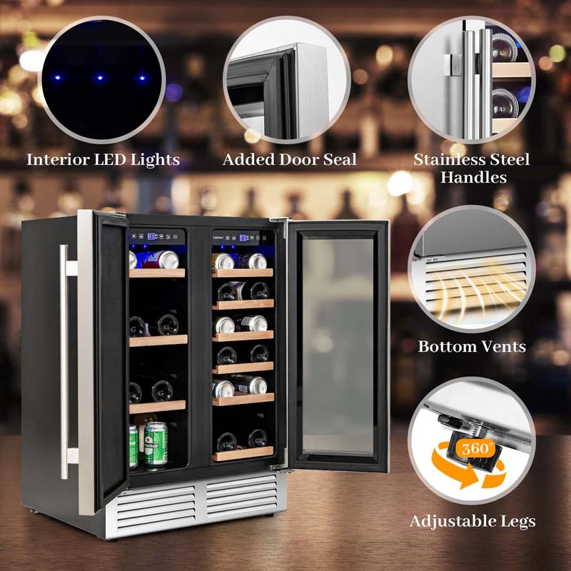 24" Dual Zone Under Counter Wine Beverage Refrigerator Cooler w/Lock, Built-in & Freestanding Wine Fridge Holds 19 Bottles & 57 Cans