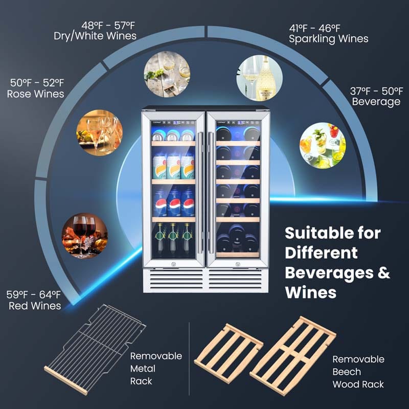 24" Large Dual Zone Wine Beverage Cooler Refrigerator Built-In & Freestanding Beer Fridge Wine Cellar