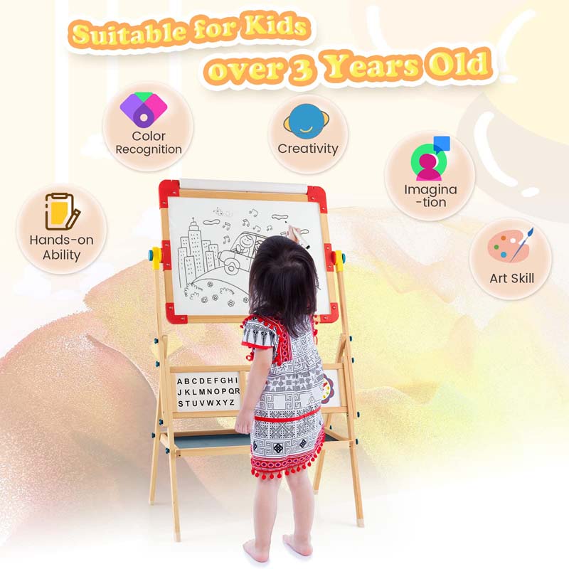 360° Kids Rotatable Wooden Art Easel, 3-in-1 Adjustable Double Sided Drawing Board with Whiteboard, Chalkboard & Paper Roll