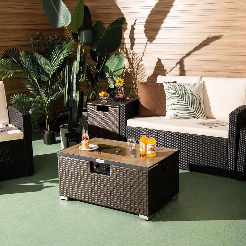 32" x 20" 40000 BTU Rattan Propane Fire Pit Table Set with Side Table Tank, Lava Rocks & Cover