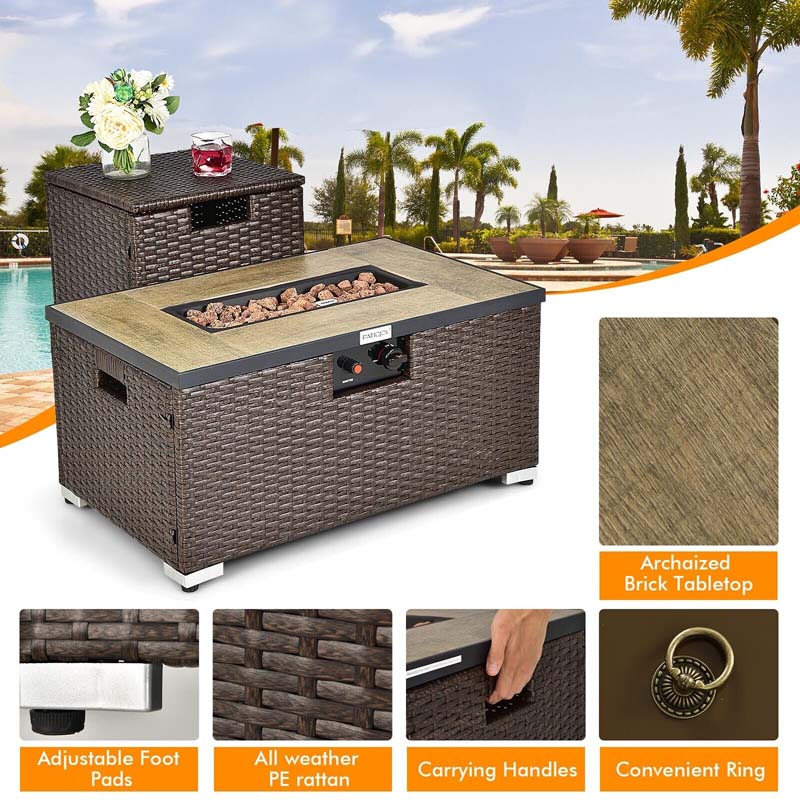 32" x 20" 40000 BTU Rattan Propane Fire Pit Table Set with Side Table Tank, Lava Rocks & Cover