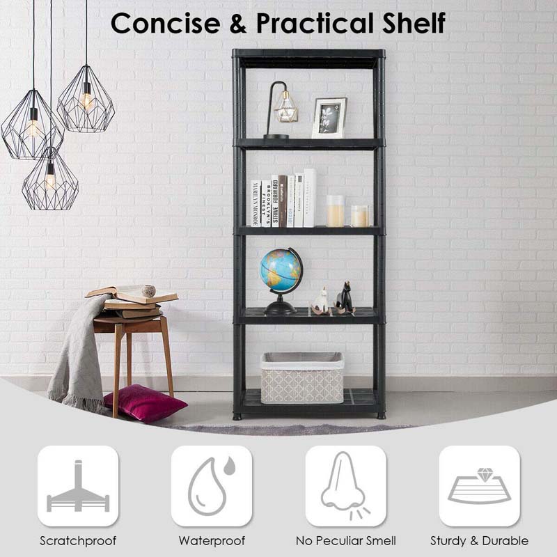 33.5"L x 16"W x 73"H 5-Tier Plastic Storage Shelving Rack, Freestanding Multi-Use Shelving Unit Organizer