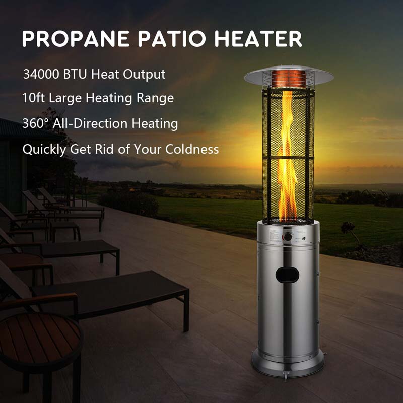 41000 BTU Standing Propane Patio Heater with Wheels, Stainless Steel Round Glass Tube Gas Outdoor Heater