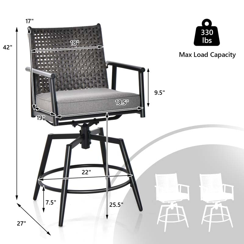 360 Swivel Bar Stools Patio Counter Height Bar Chair with PE Rattan Backrest, Metal Frame, Removable Seat Cushion & Footrest