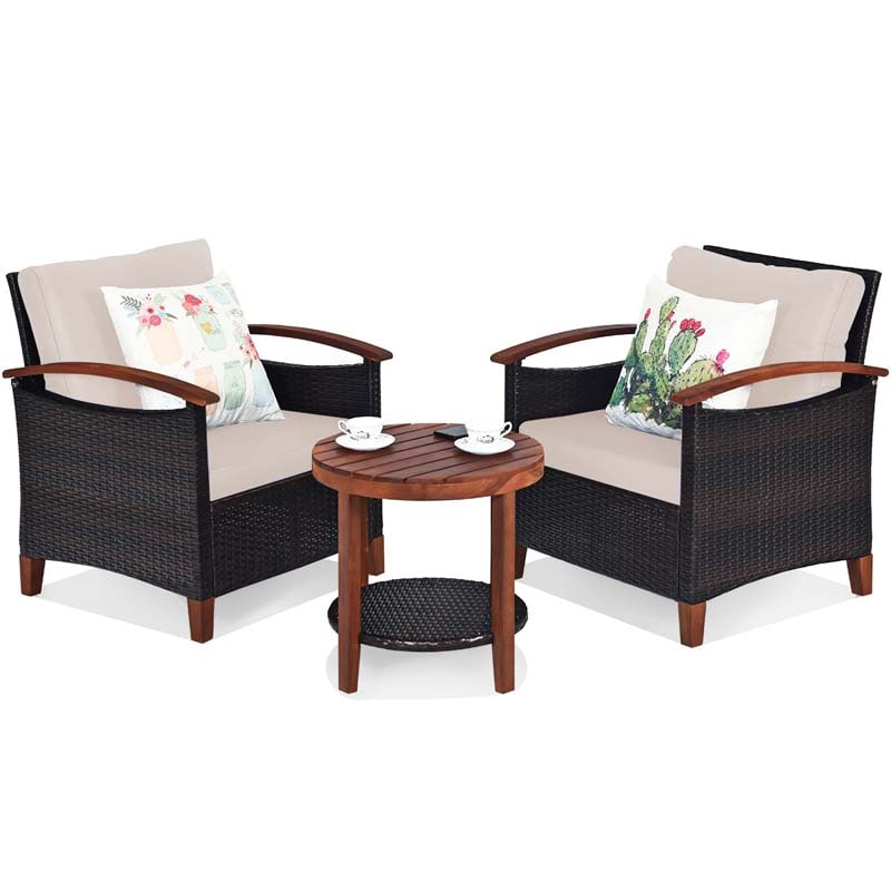 3 Pcs Patio Furniture Set Outdoor Rattan Sofa & Side Table Conversation Bistro Set with Acacia Wood Frame