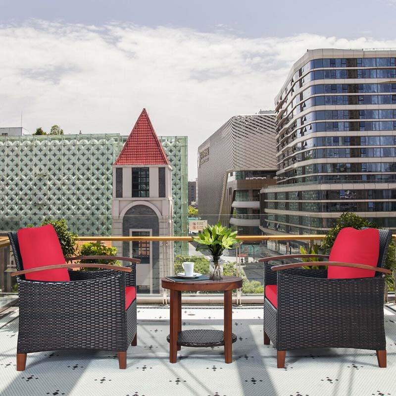 3 Pcs Patio Furniture Set Outdoor Rattan Sofa & Side Table Conversation Bistro Set with Acacia Wood Frame