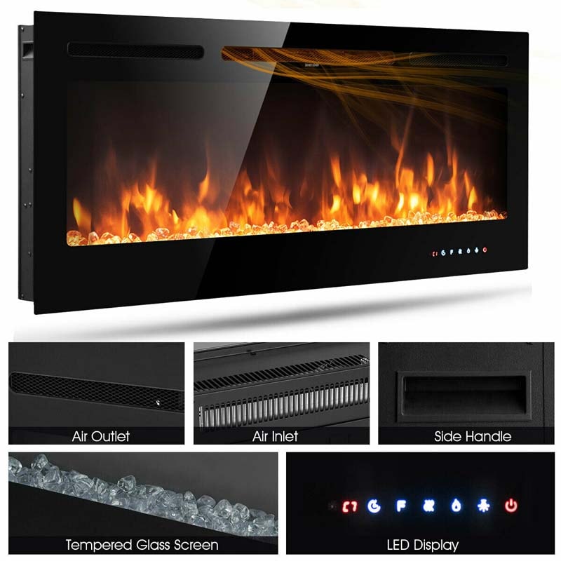 50" Ultra-Thin Recessed Electric Fireplace Insert, 1500W Wall-mounted Fireplace Heater with 9 Flame Colors
