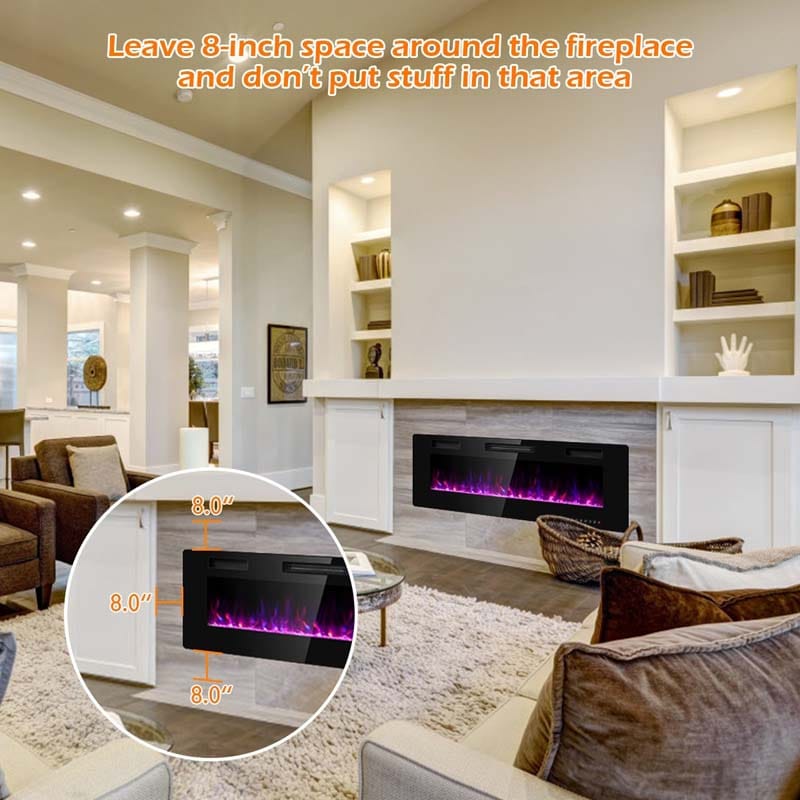 50" Ultra-Thin Electric Fireplace Insert, 1500W Recessed & Wall-mounted Fireplace Heater with 12 Flame Colors