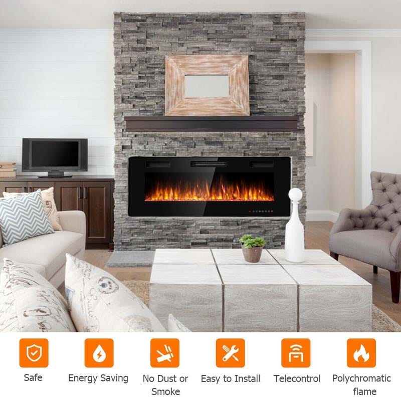 50" Ultra-Thin Electric Fireplace Insert, 1500W Recessed & Wall-mounted Fireplace Heater with 12 Flame Colors