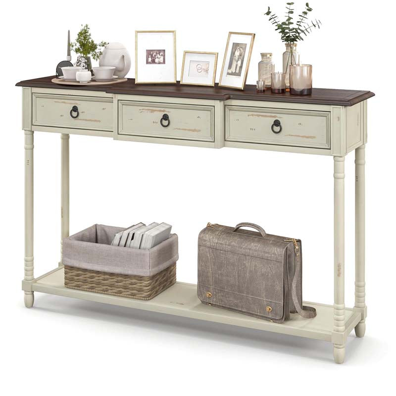 52" Farmhouse Entryway Console Table w/3 Drawers, Open Storage Shelf, Long Narrow Sofa Table Cottage Foyer Table for Hallway