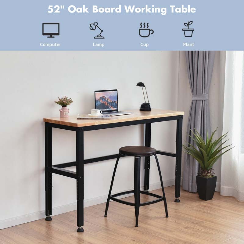 53" Oak Wood Workbench with 3-level Adjustable Heights, Heavy-Duty Steel Work Table Hardwood Workstation