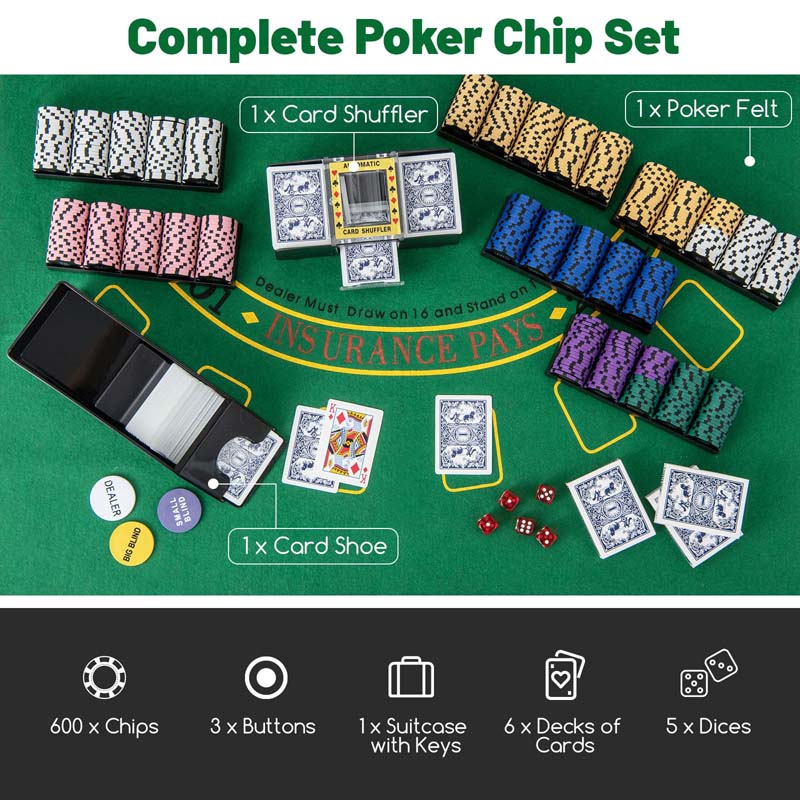 600Pcs Poker Chip Set for Texas Holdem Blackjack Gambling, 14 Gram Clay Poker Chips w/Carrying Case, Automatic Card Shuffler