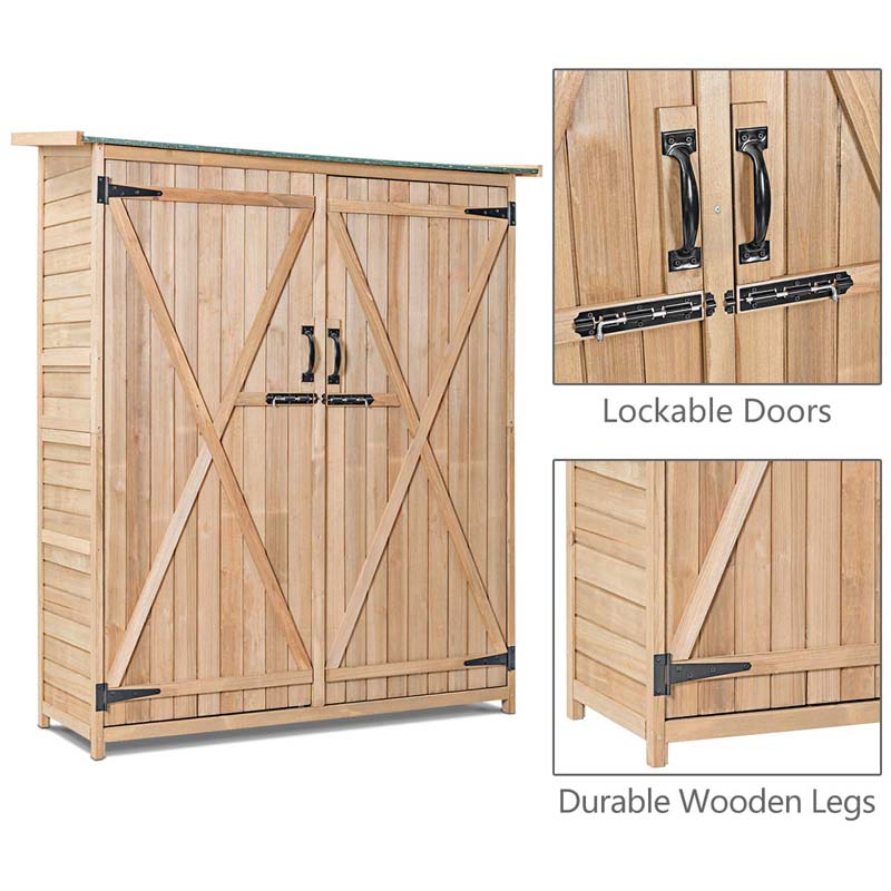65" Wooden Storage Shed Outdoor Garden Tool Storage Cabinet with Lockable Doors