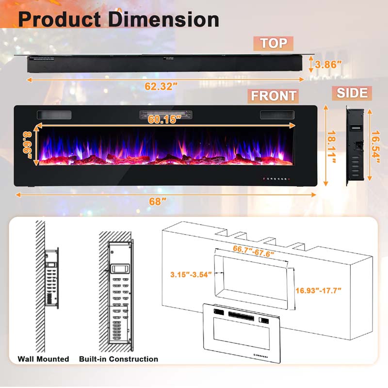 68" Ultra-Thin Recessed Electric Fireplace Insert, 5100 BTU Wall Mounted Fireplace Heater with Crystal Log Decoration
