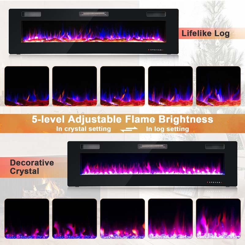 68" Ultra-Thin Recessed Electric Fireplace Insert, 5100 BTU Wall Mounted Fireplace Heater with Crystal Log Decoration