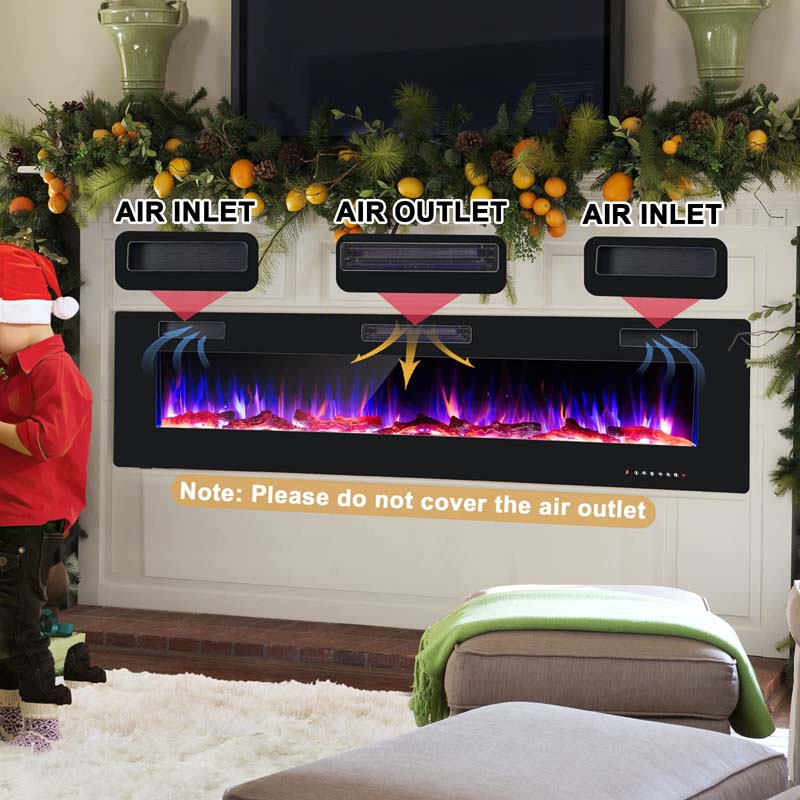 68" Ultra-Thin Recessed Electric Fireplace Insert, 5100 BTU Wall Mounted Fireplace Heater with Crystal Log Decoration