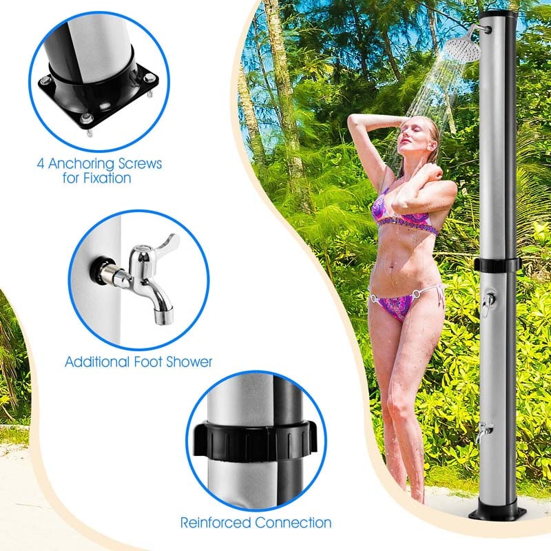 7.2 FT 10 Gallon Solar-Heated Outdoor Shower, 360° Swivel Shower Head Freestanding Shower for Poolside Beach
